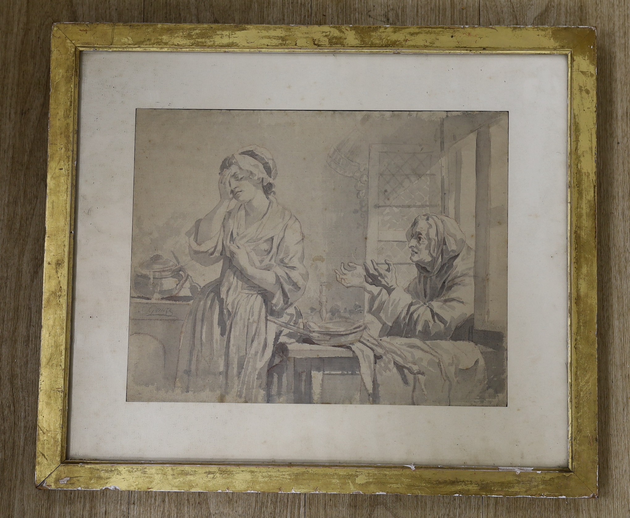 After Greuze, ink and monochrome watercolour, Maid with beggar woman at window, signed, a town scene verso, 30 x 38cm